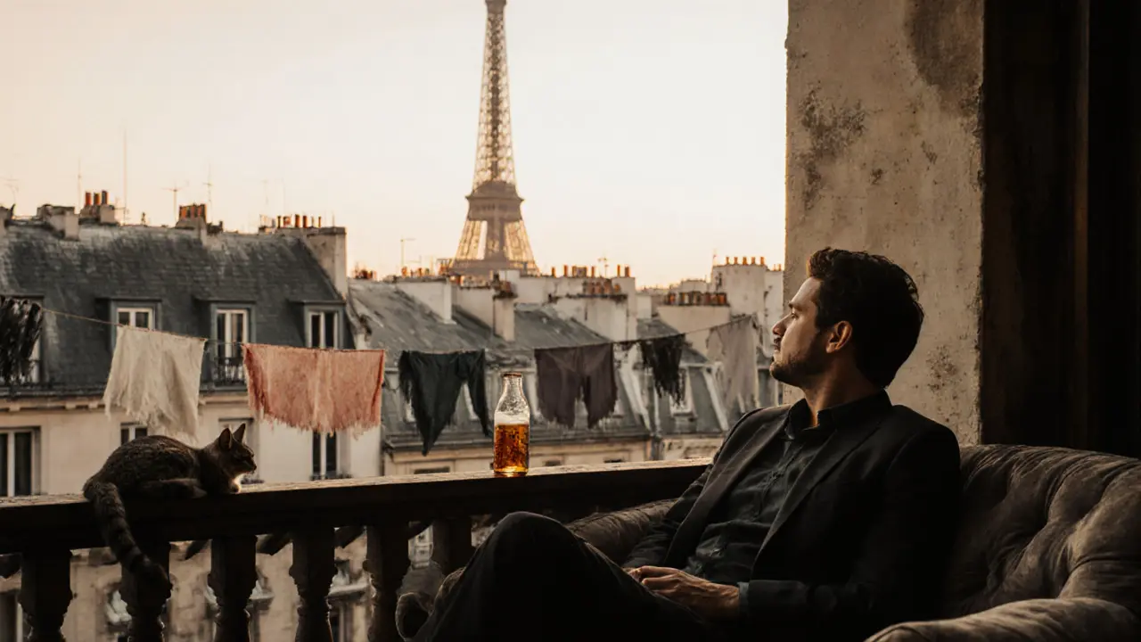 Manuel relaxing on a rooftop couch overlooking Parisian rooftops, a cat napping on a windowsill below.