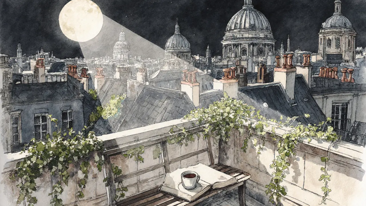 Moonlit rooftop garden behind Shakespeare and Company, overlooking Parisian domes and chimneys in quiet stillness.
