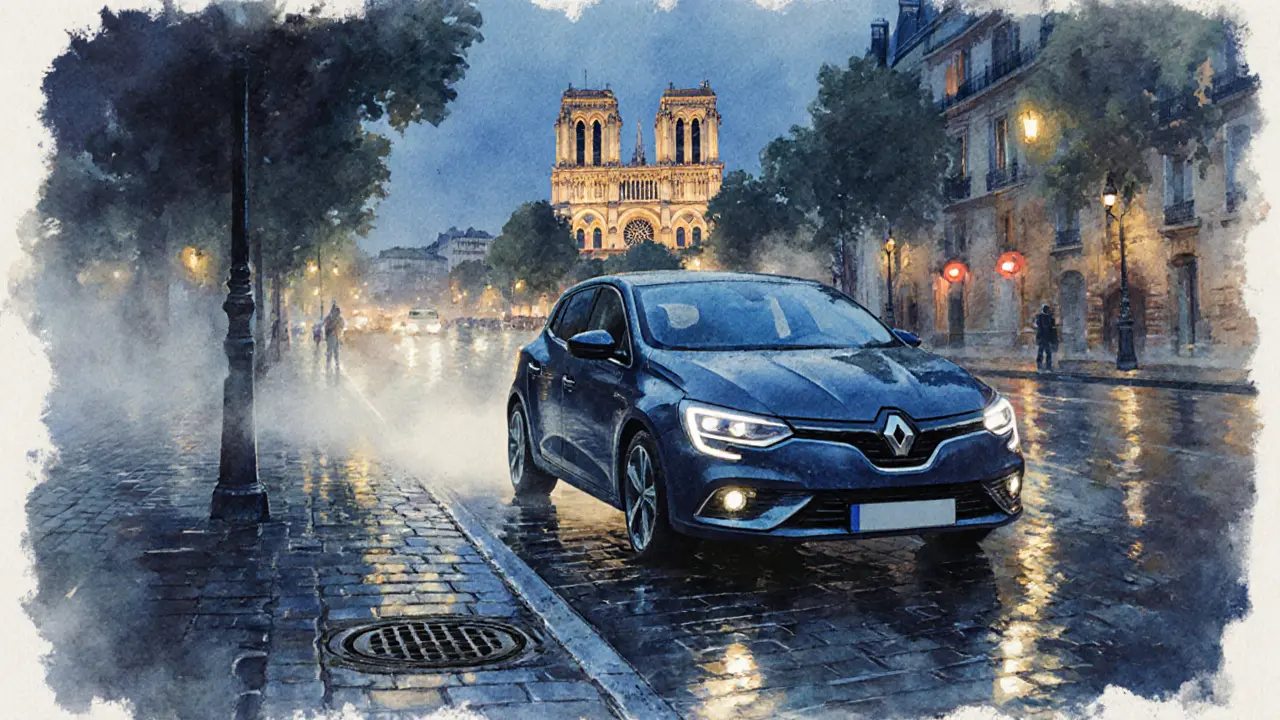 Rainy night view of a car parked near Sacré-Cœur, city lights glowing softly in the distance.