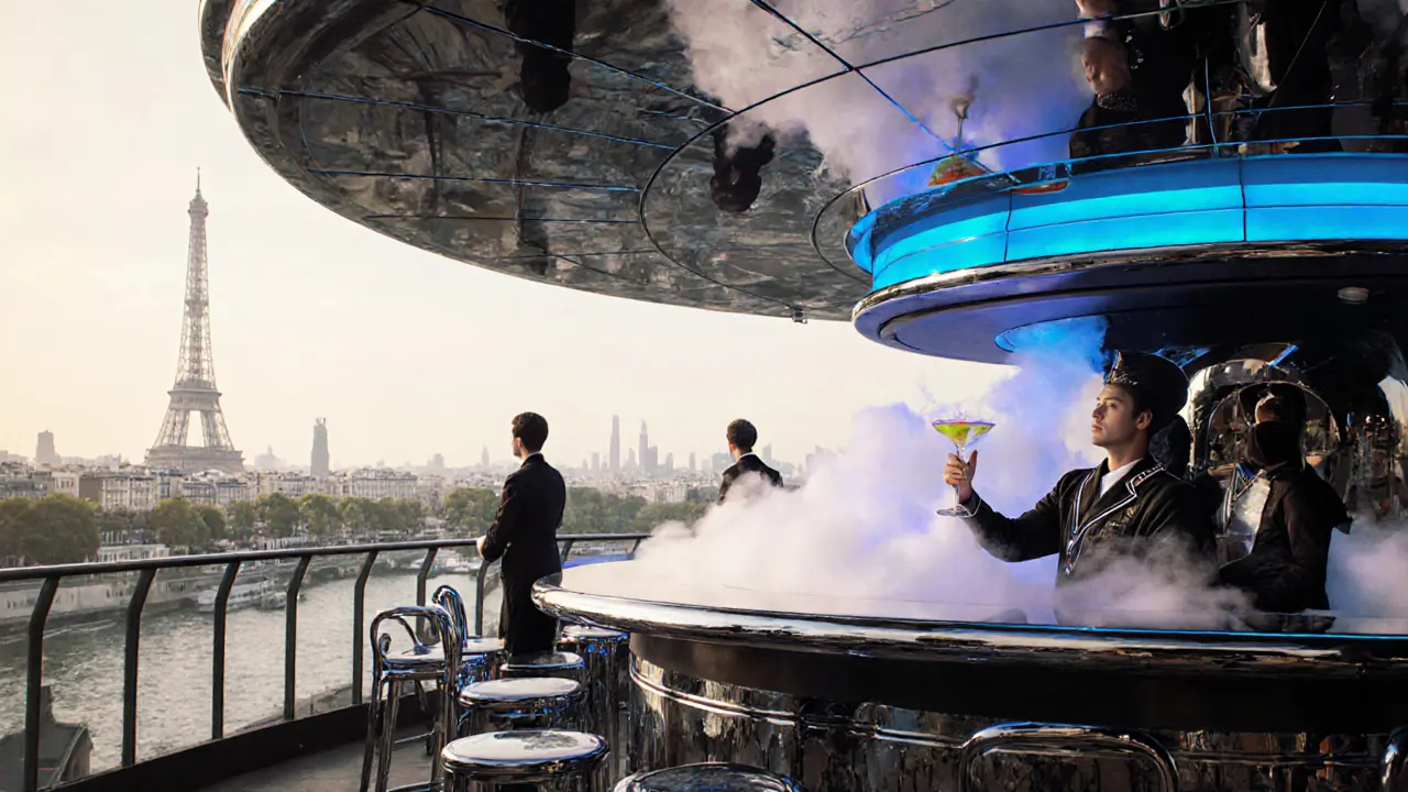 Retro-futuristic rooftop bar with mirrored ceilings and dry ice cocktails, inspired by 1970s French cinema.