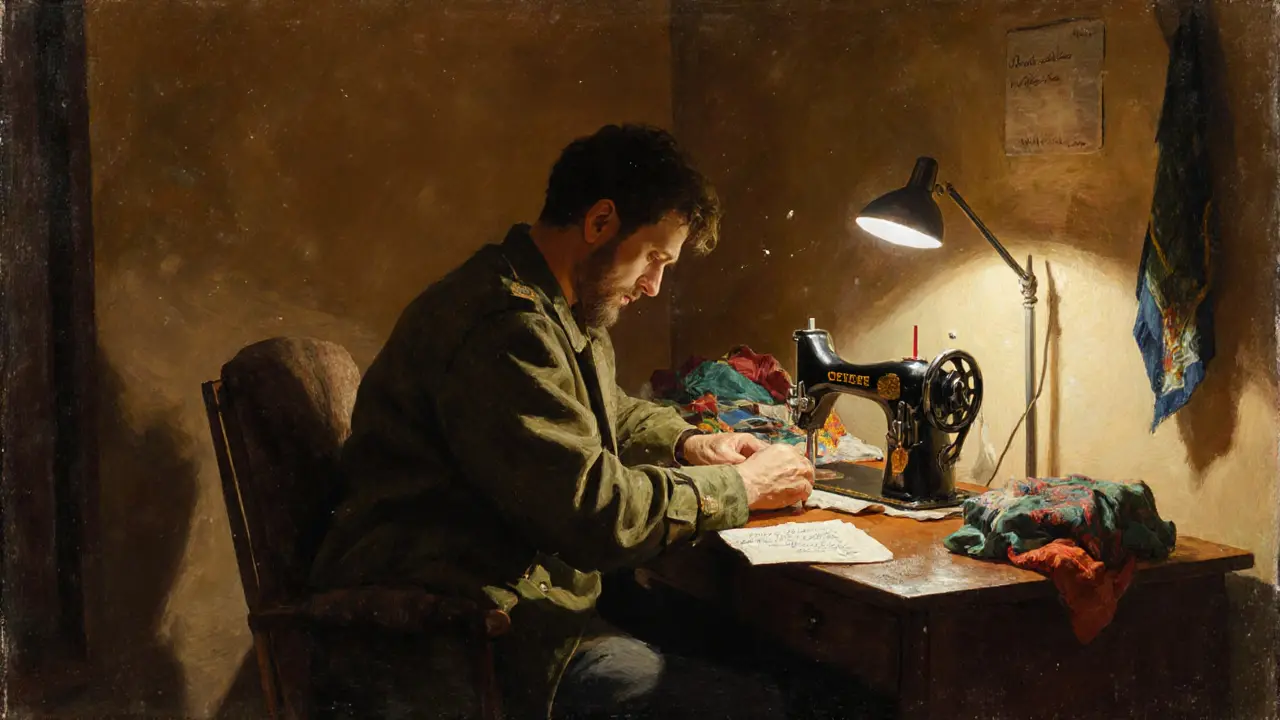 Sebastian works alone in his Belleville apartment, crafting a jacket from recycled army blankets under warm lamplight.