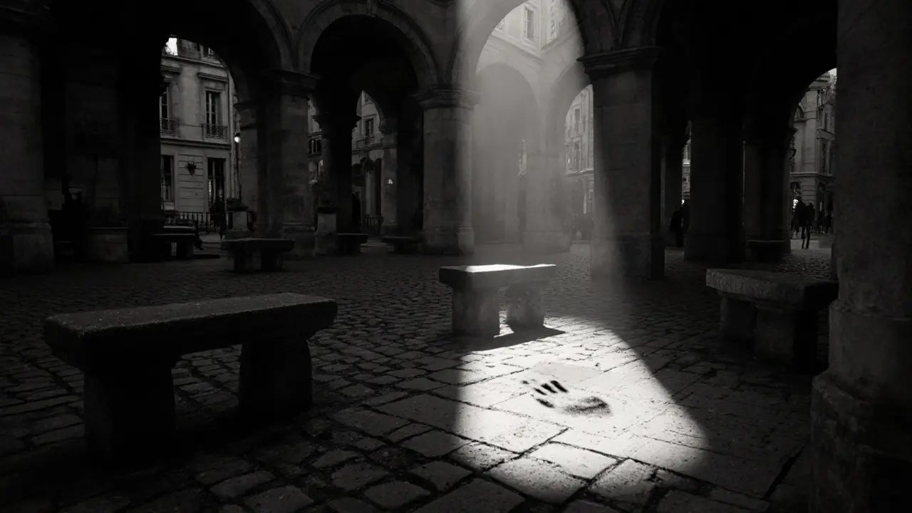 Single beam of sunlight illuminating empty arches of Place des Vosges, no people, only stone and shadow.