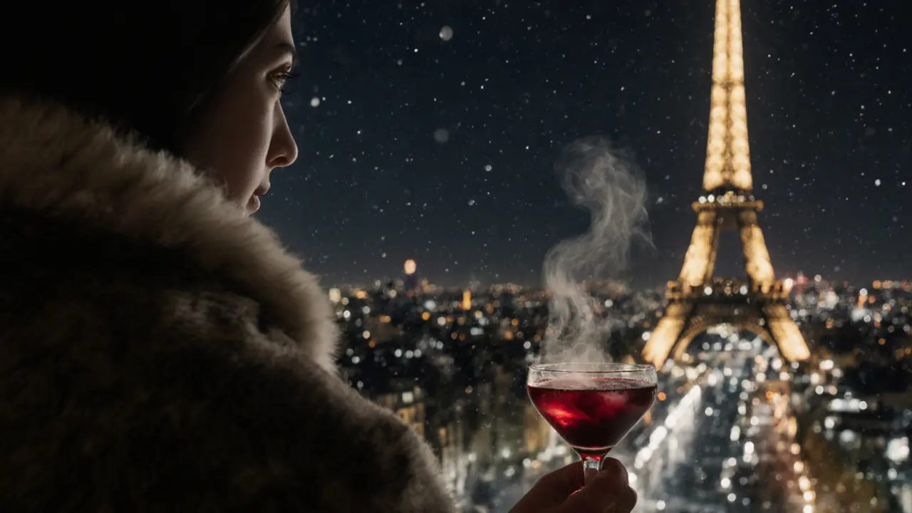Solo diner at a winter rooftop bar watching the sparkling Eiffel Tower through falling snow, wrapped in a cozy blanket.