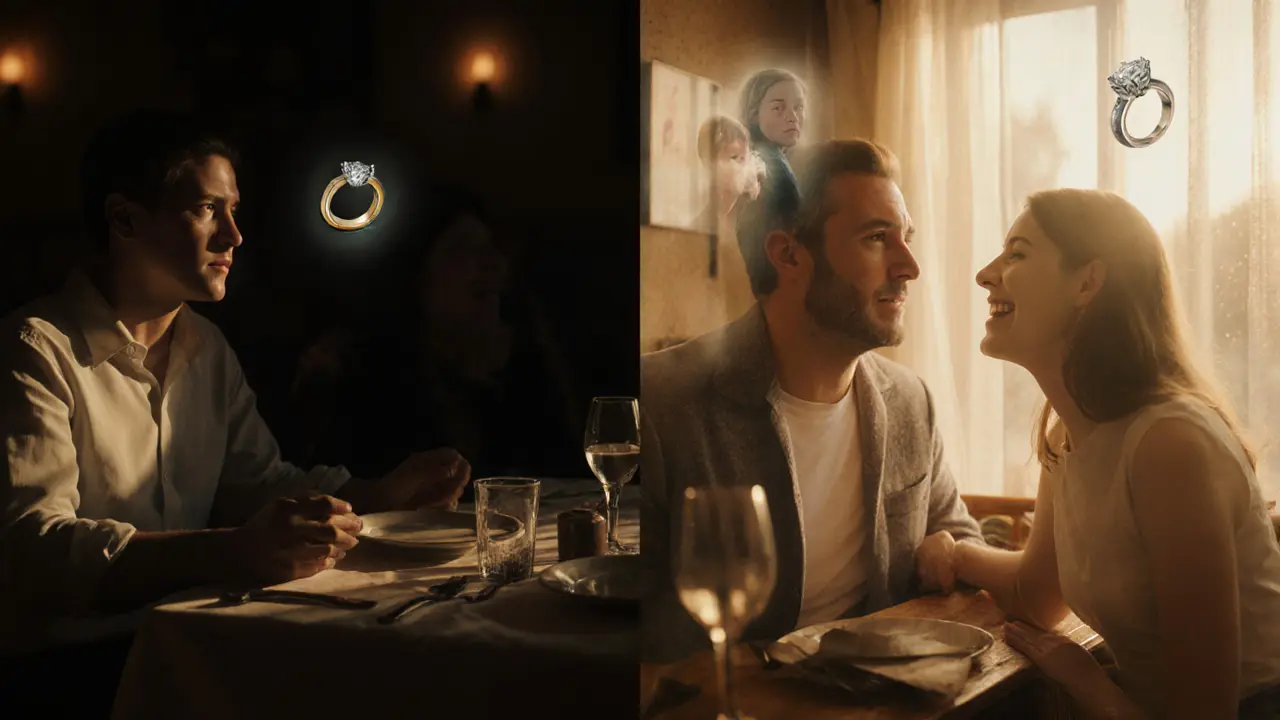 Split scene: a silent dinner at home contrasts with a nervous laugh in a café, ghostly family images floating behind the mistress.
