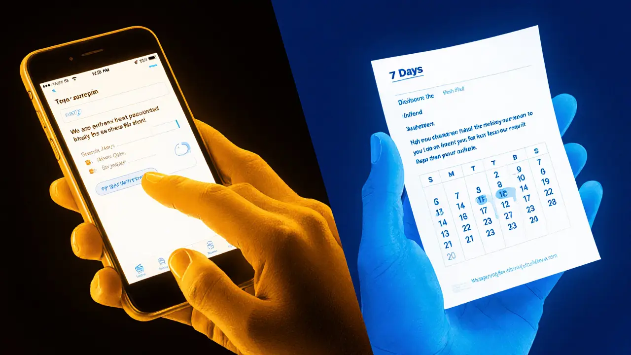 Split-screen showing subscription cancellation and refund request email with calendar.
