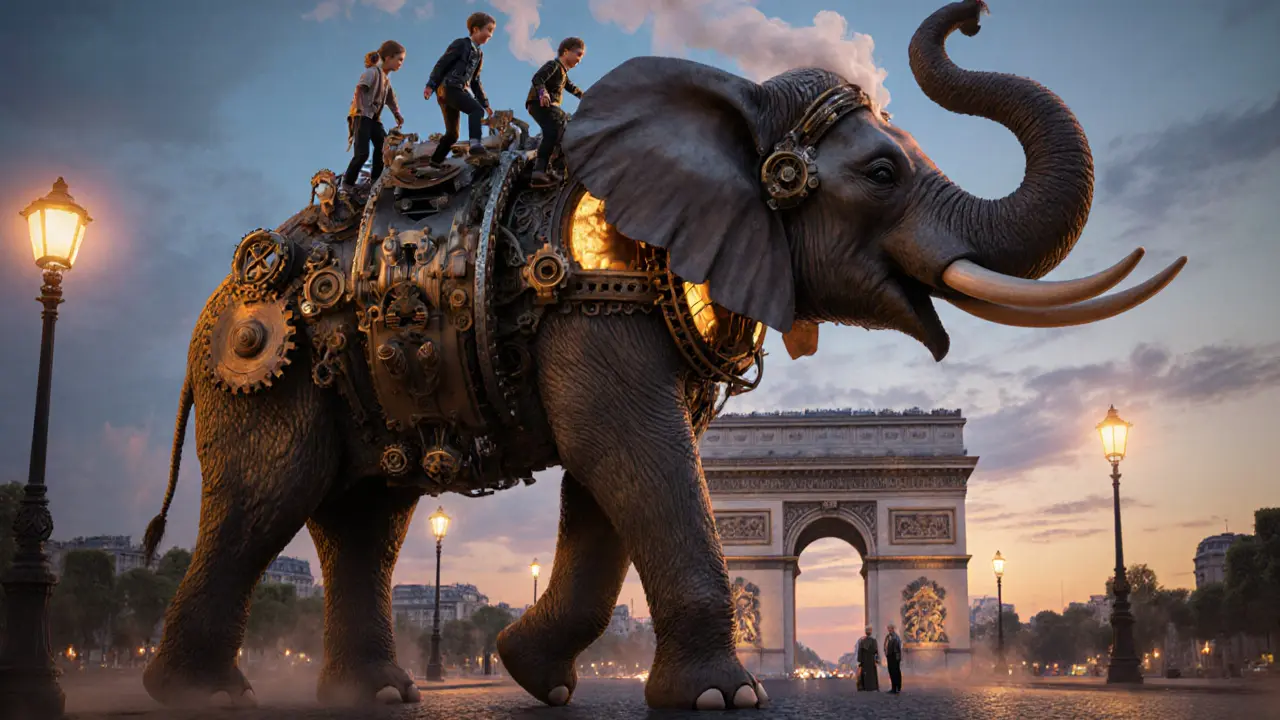 The mechanical elephant stands beneath the Arc de Triomphe at dusk, children climbing its back while golden light glows on its brass tusks.