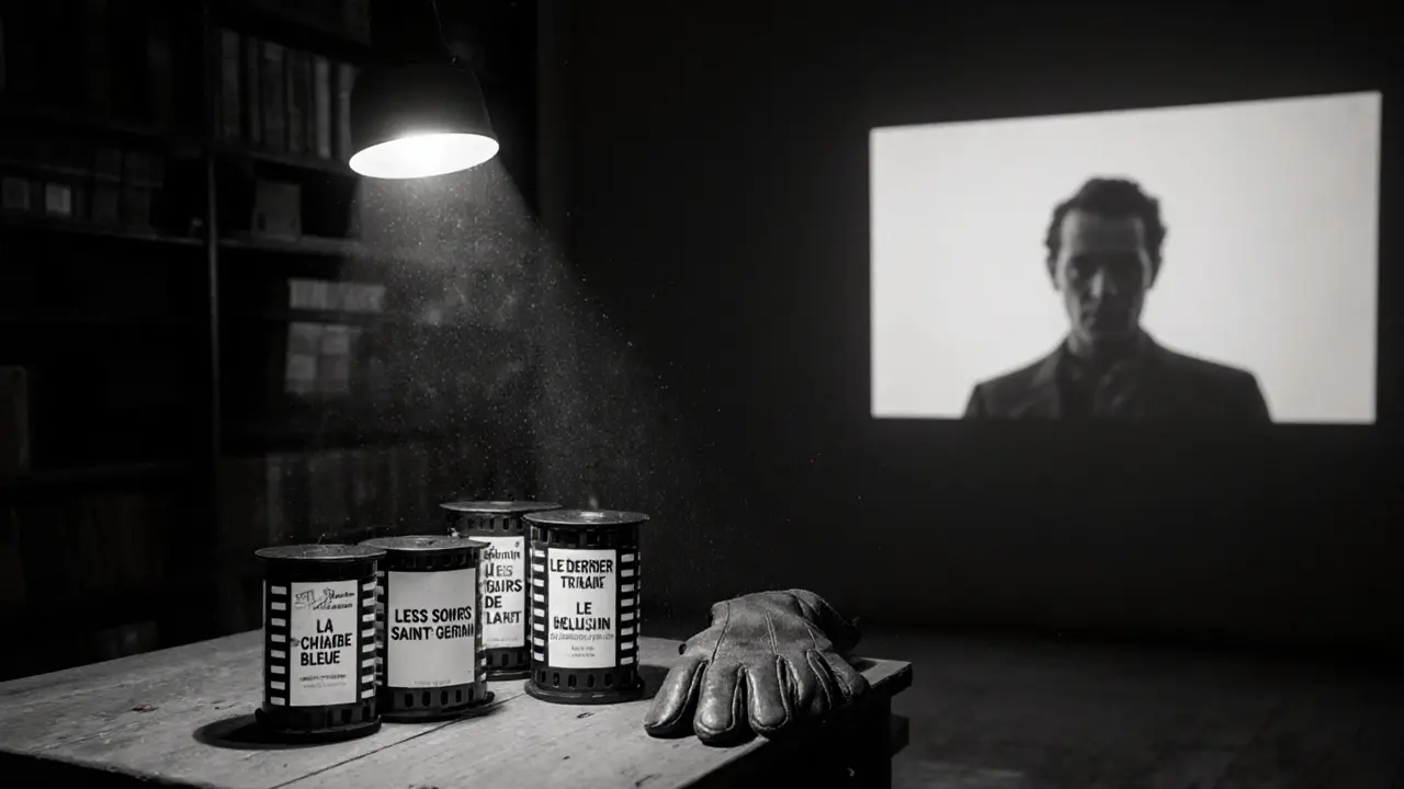 Three film reels and gloves in an empty archive room, with a silent projected image of Holliday&#039;s face.