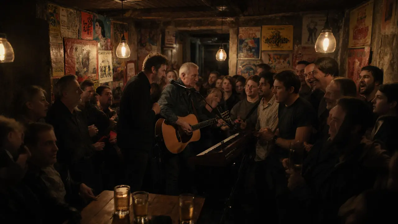 Titof performs in a cozy Montmartre basement bar, surrounded by an intimate crowd under warm vintage lamps.