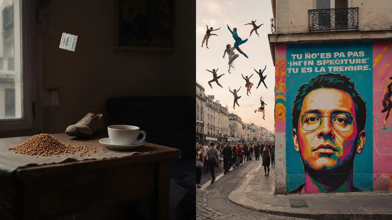 Titof’s quiet apartment and a mural of his face with &#039;Tu n’es pas un spectacle. Tu es la vérité.&#039; in Paris.
