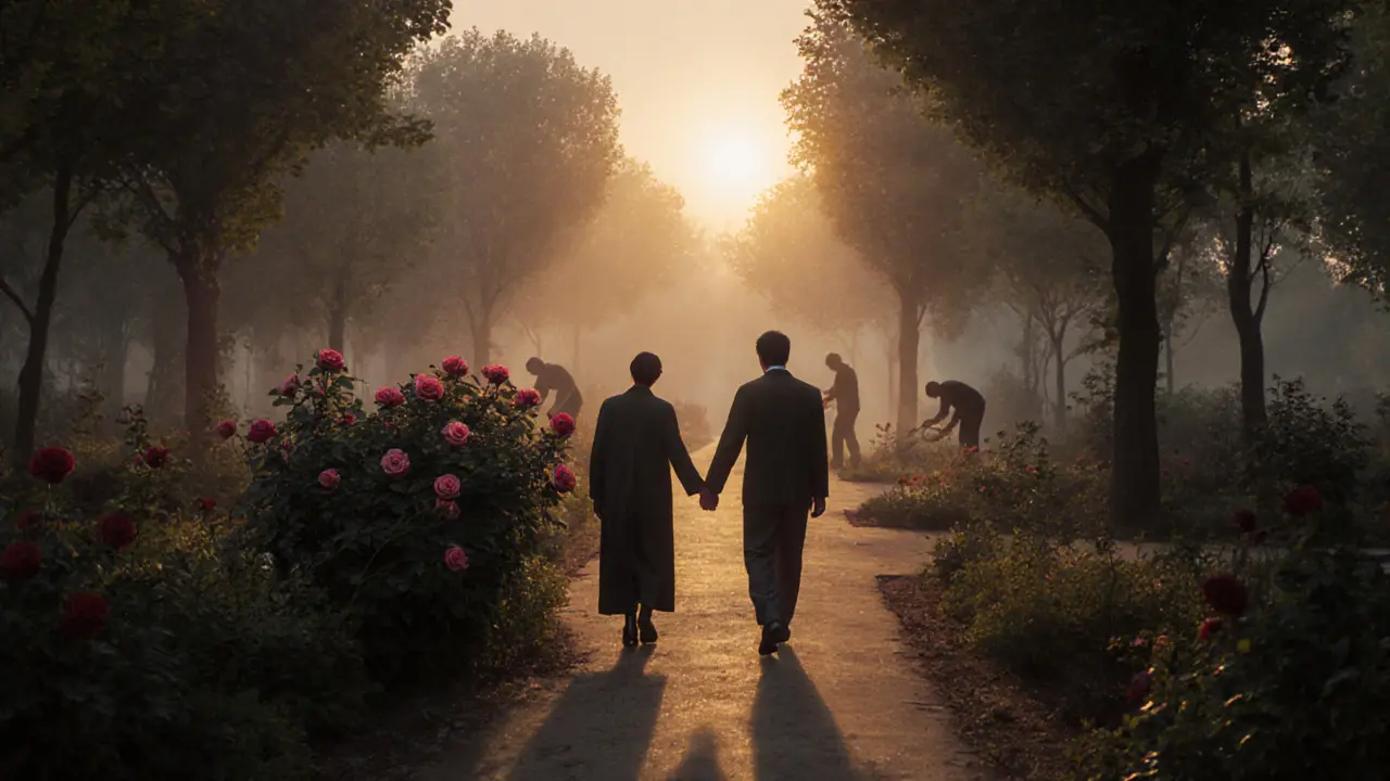 Two figures briefly touch hands by a rose bush in a misty botanical garden at dawn.