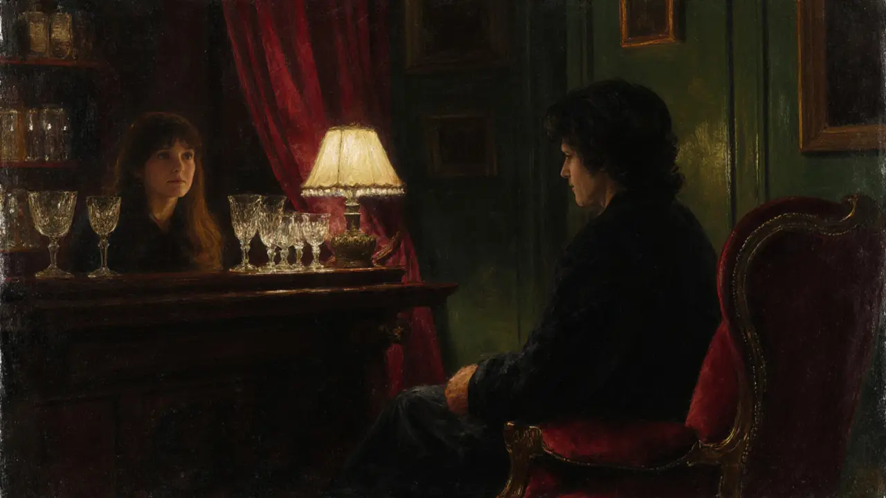 Two figures sit in quiet conversation in a dimly lit, velvet-draped room, faces obscured by shadow.