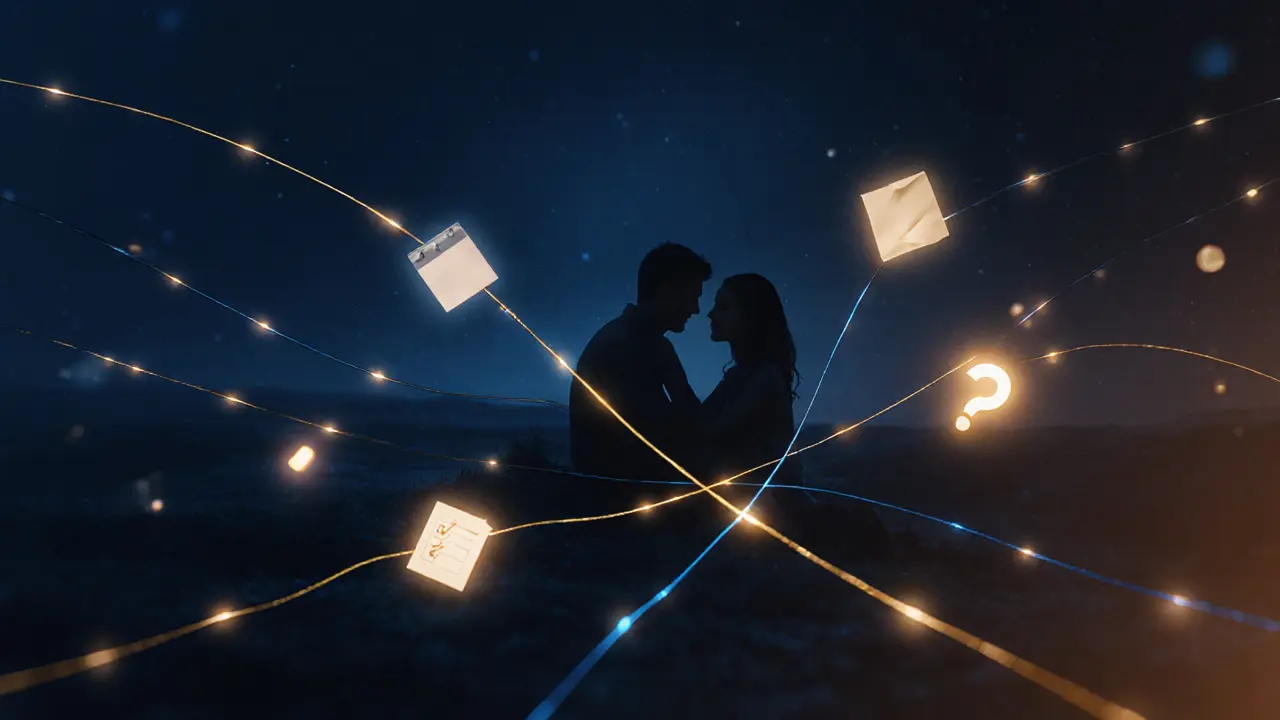 Two glowing threads of connection weaving through darkness, lit by small emotional symbols.