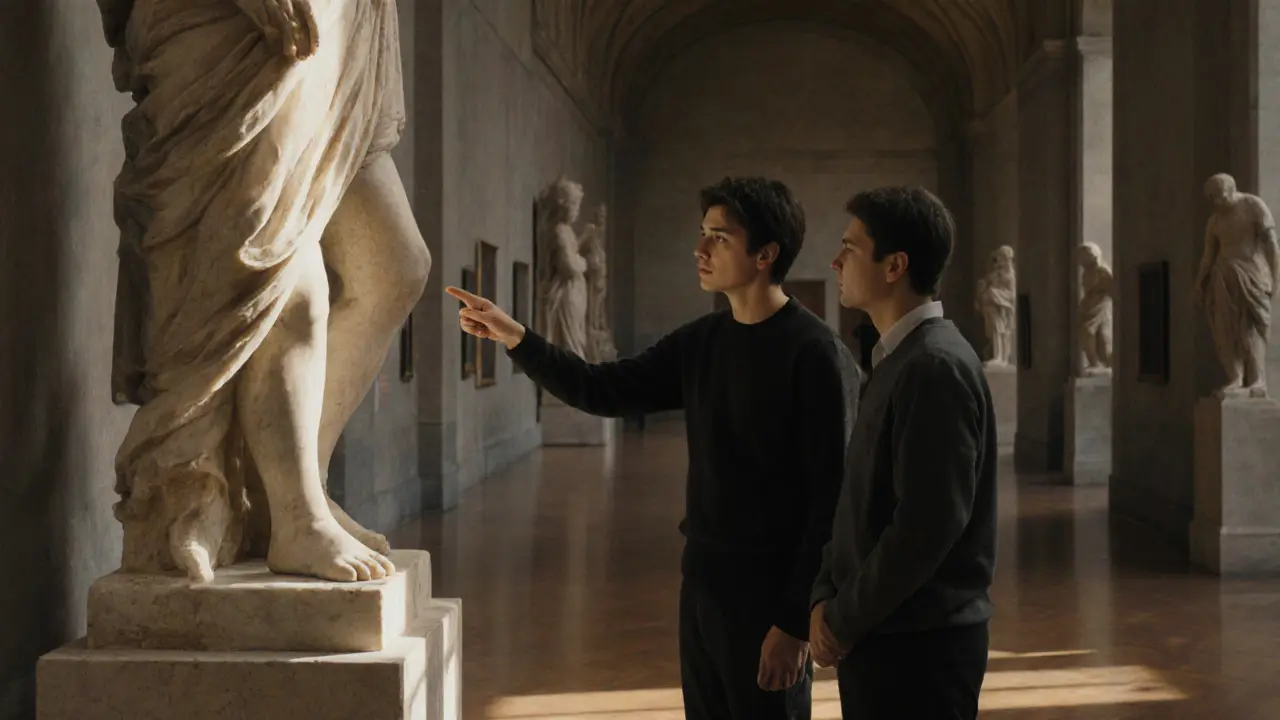 Two individuals in a silent museum, standing before a sculpture, sharing a moment of quiet reflection in morning light.