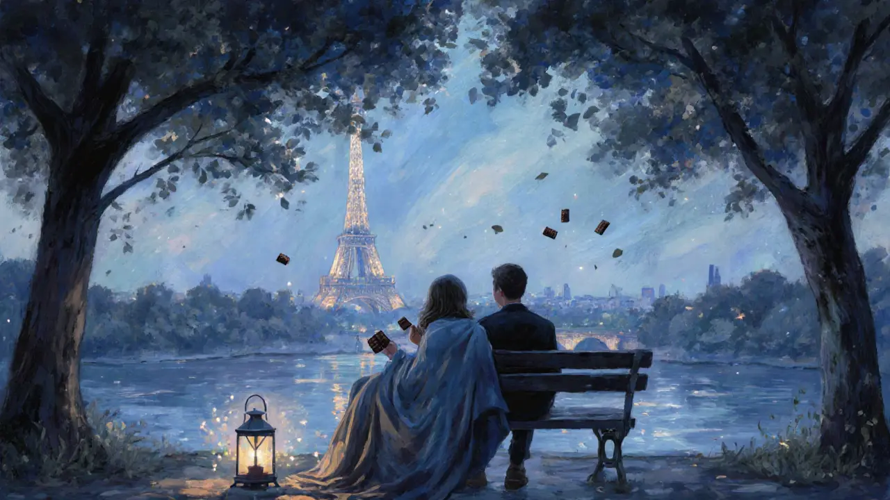 Two people sit on a blanket by a quiet lake at dusk, the Eiffel Tower sparkling faintly in the distance.