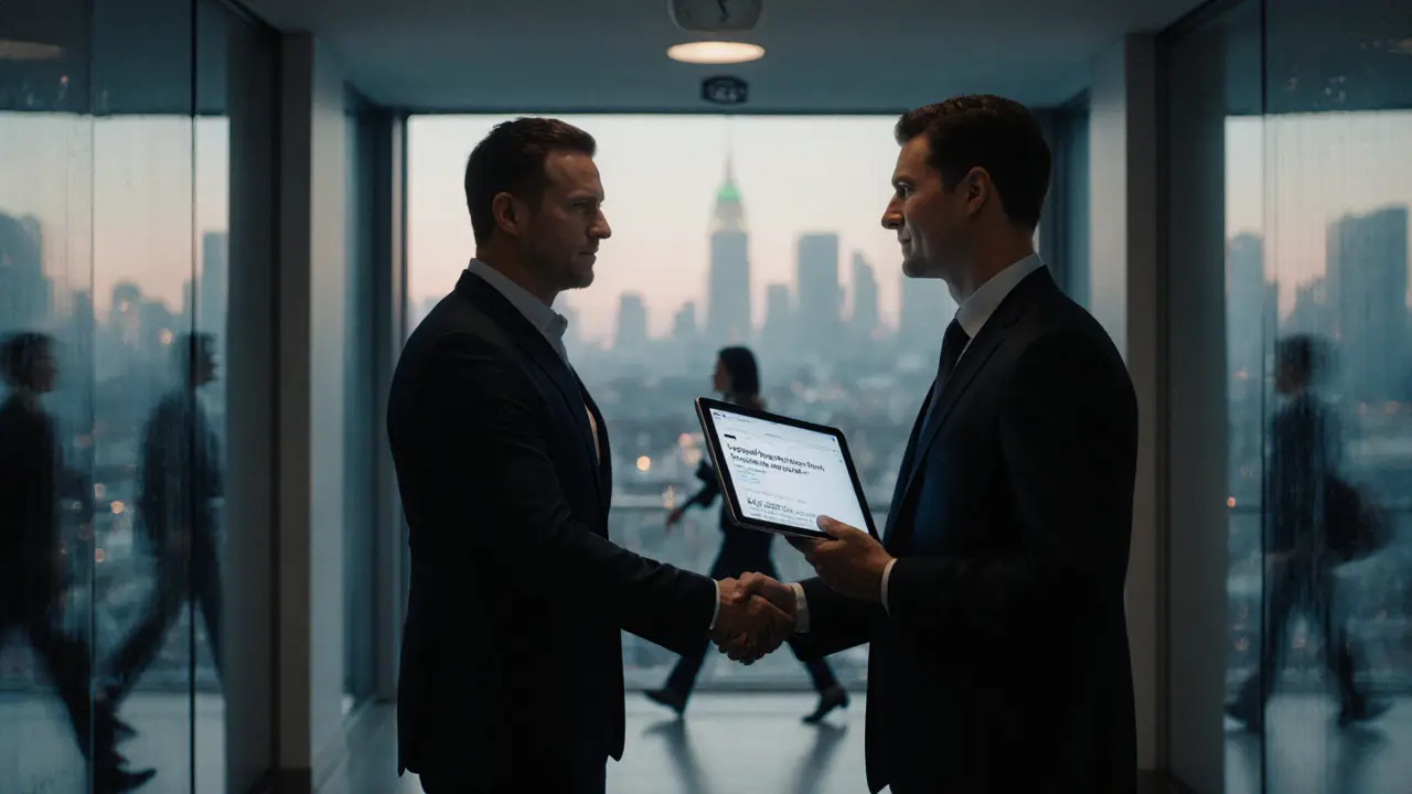 Two professionals shake hands after a meeting, with an email draft visible on a tablet.