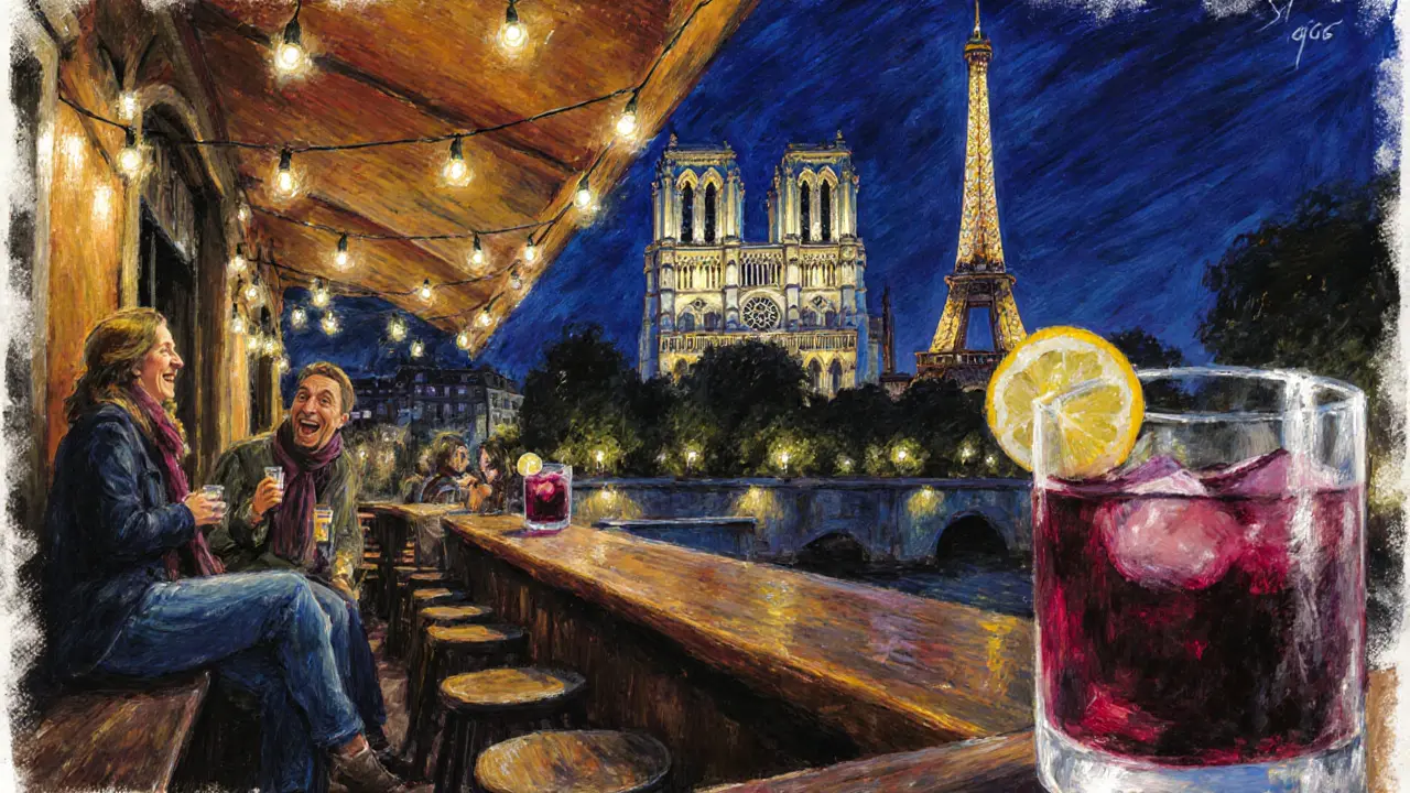 Vibrant Parisian rooftop scene at night with locals drinking blackcurrant cocktails under string lights near Sainte-Chapelle.