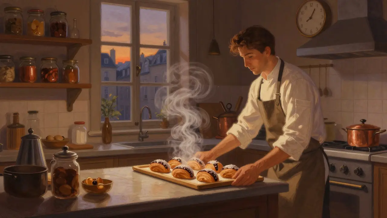 A chef placing warm pain au chocolat on a tray in a quiet midnight kitchen, dawn light filtering through a window.