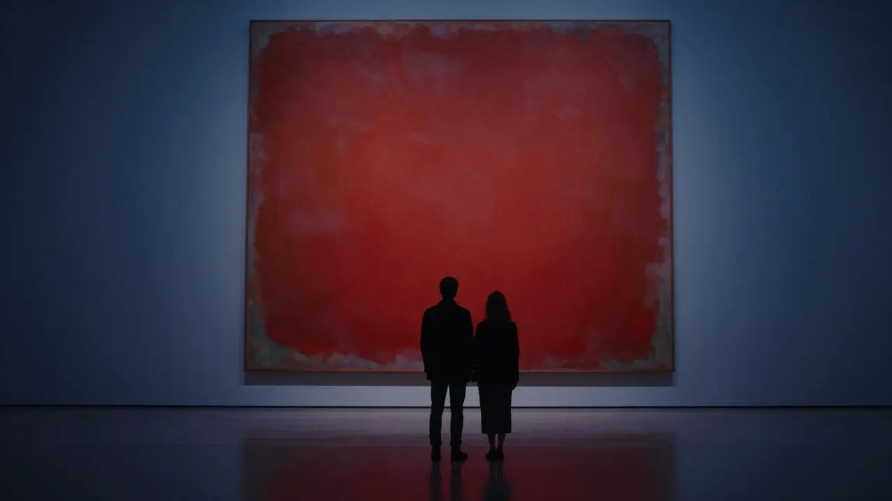 A couple standing in awe before a Rothko painting at the Fondation Louis Vuitton at night.