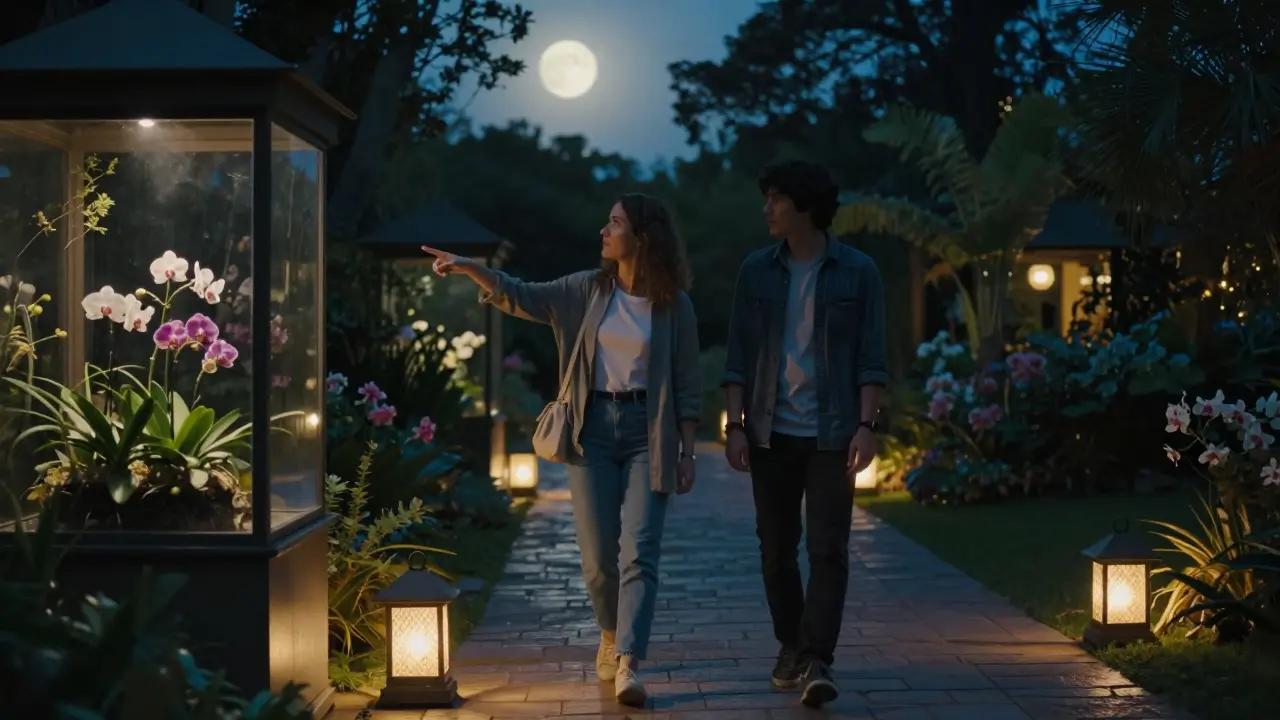 A couple walking peacefully through a moonlit botanical garden at dusk.