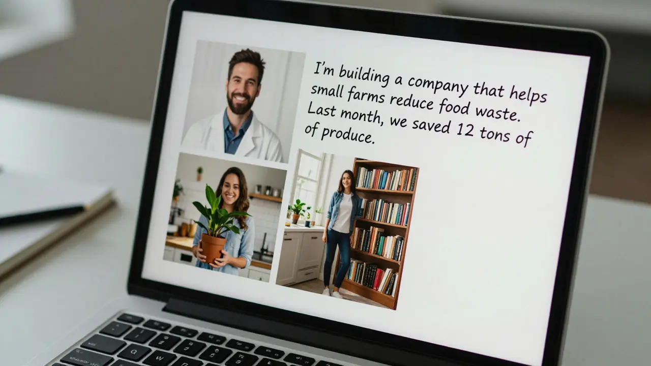 A dating profile showing authentic photos and a thoughtful bio about saving food waste.