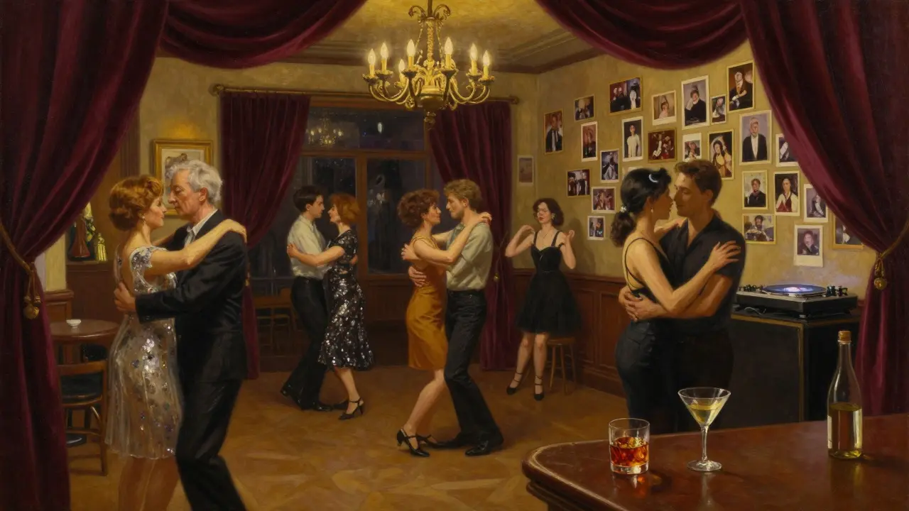 A diverse crowd dances in dim, romantic light inside Chez Castel, surrounded by flickering chandeliers and decades of black-and-white photographs.