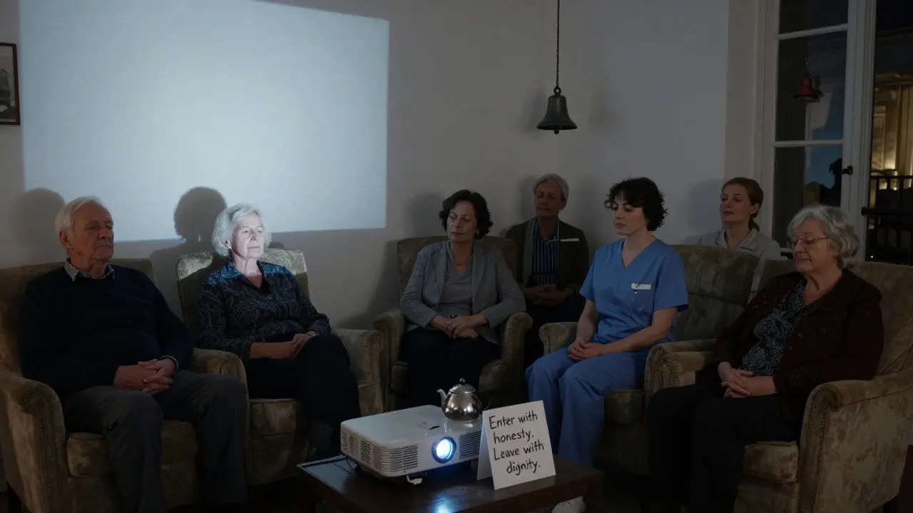 A diverse group of locals sits silently in a living room, watching a film projected on a wall, teapot beside them.