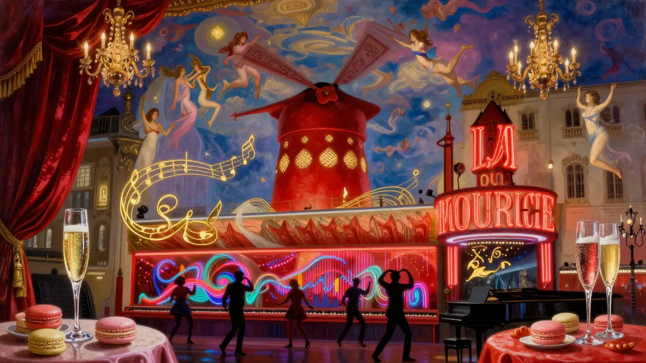 A grand ballroom with chandeliers and velvet curtains, where golden musical notes blend with modern bass waves.