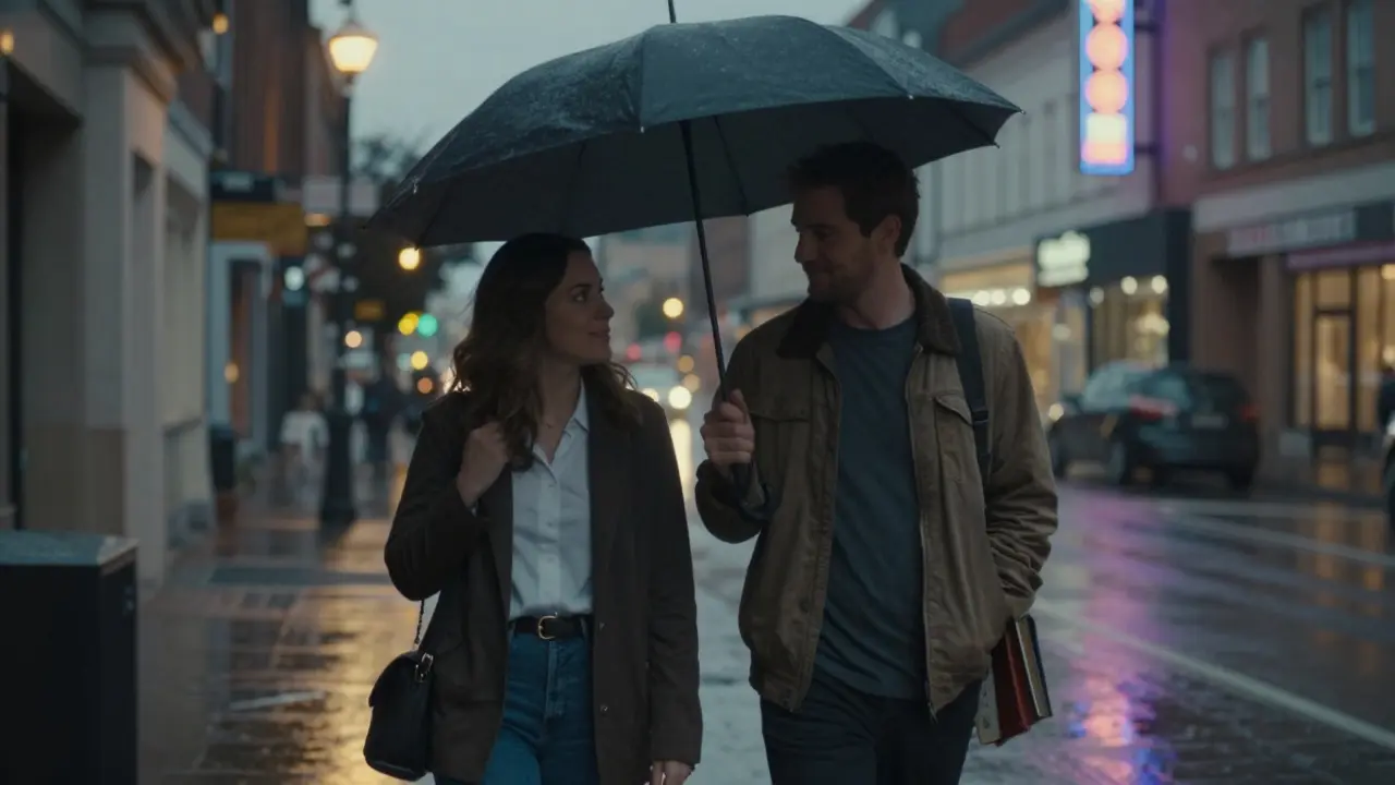 A man and woman walk side by side under an umbrella at dusk, relaxed and smiling in comfortable companionship.