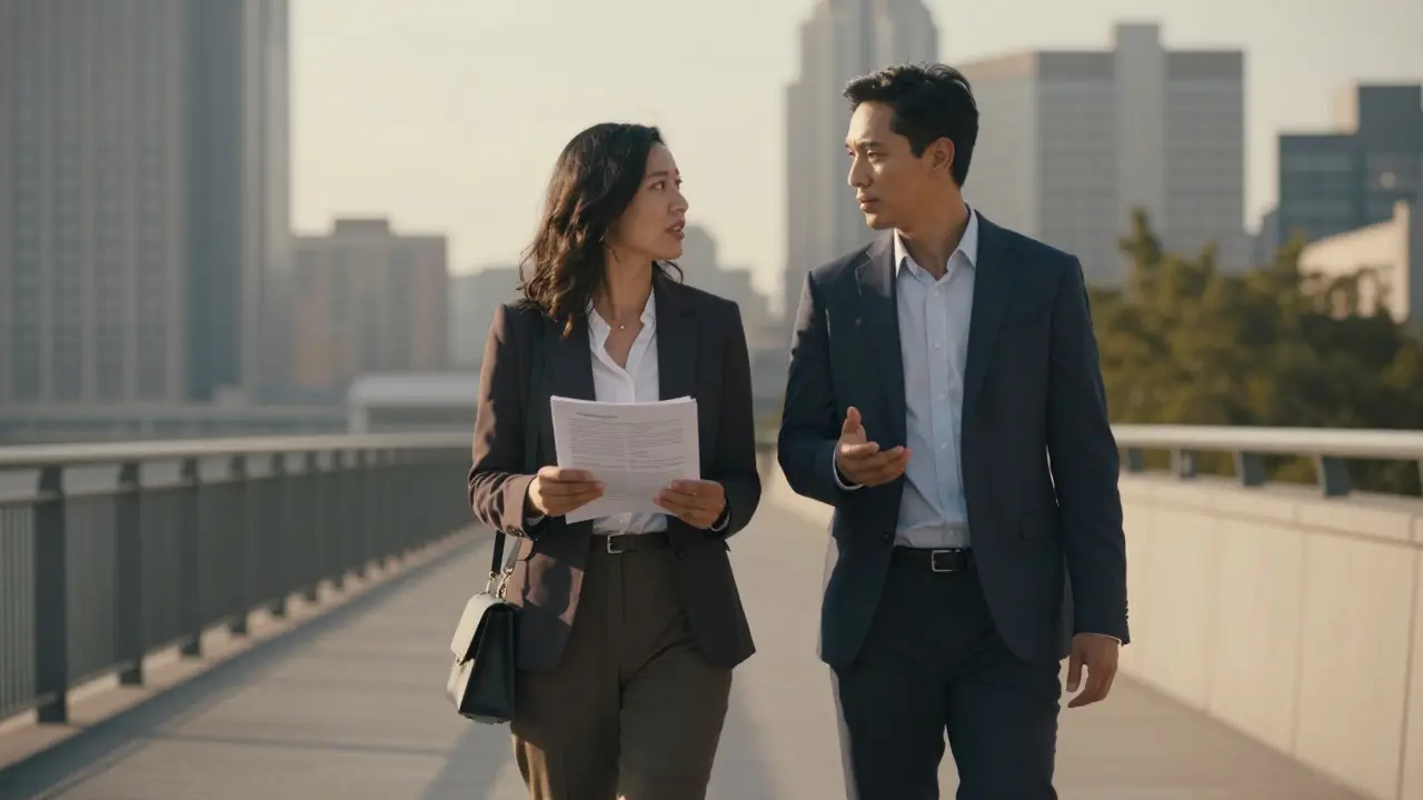 A man and woman walking and talking thoughtfully in a city at golden hour, holding a printed academic paper.