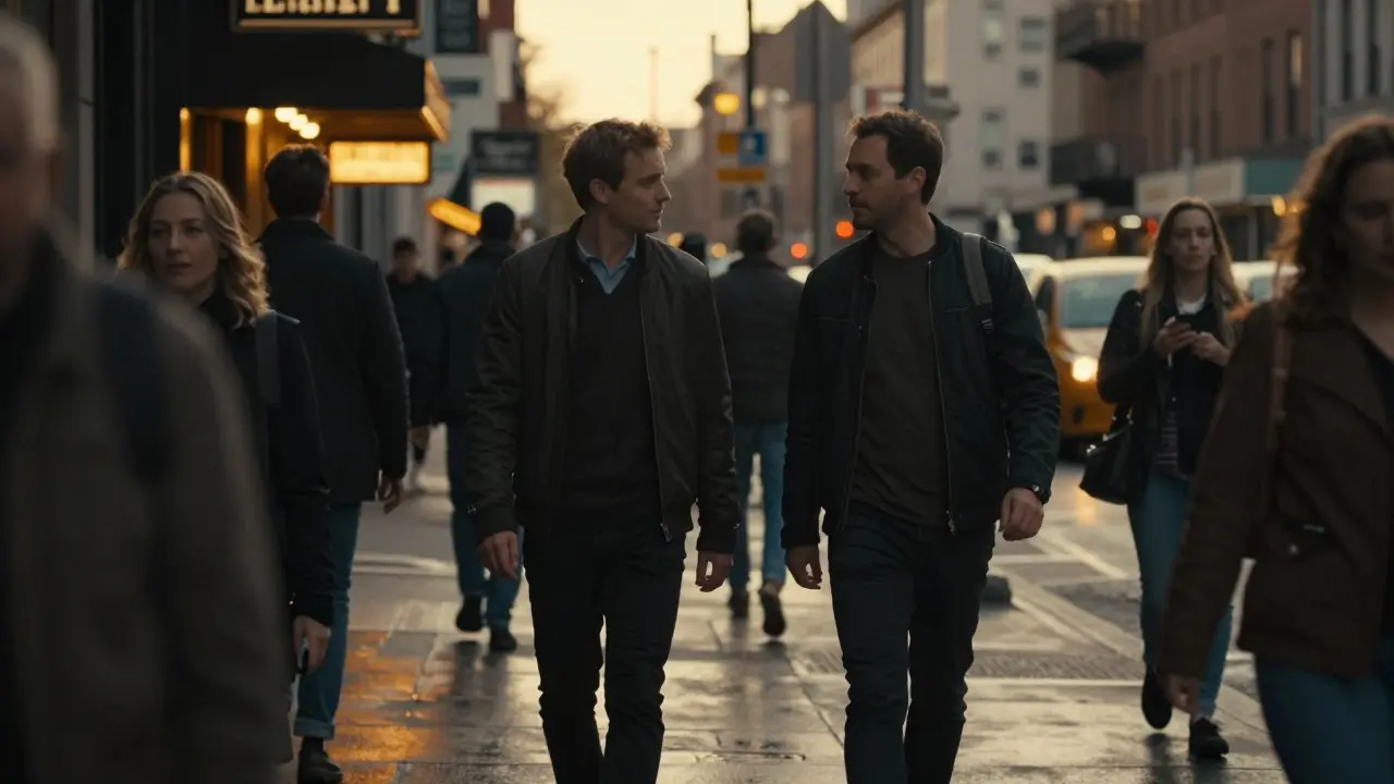 A man glances at another man on a city street at dusk, looking away quickly.