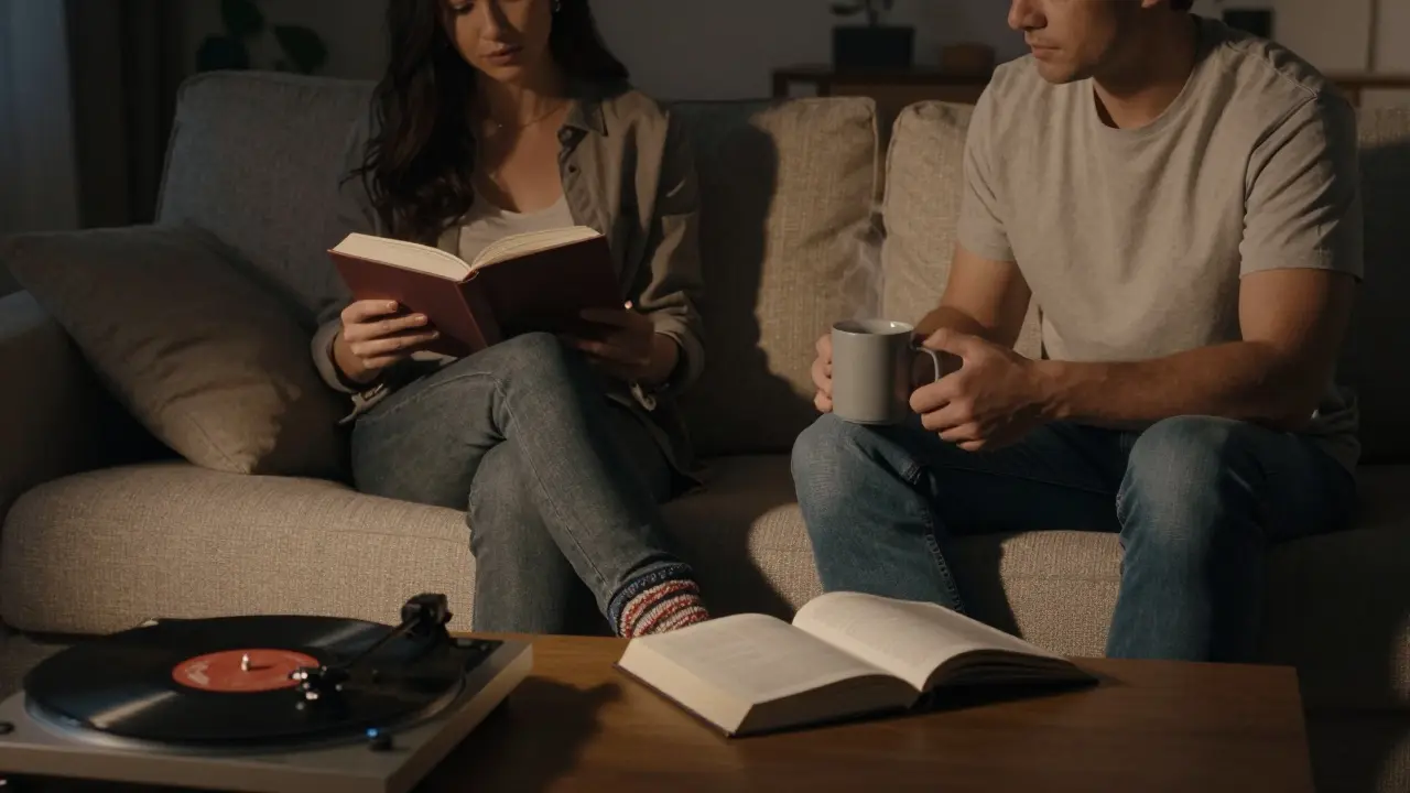 A man places a mug beside a woman reading on a sofa, warm lamplight and jazz music creating a calm, intimate atmosphere.