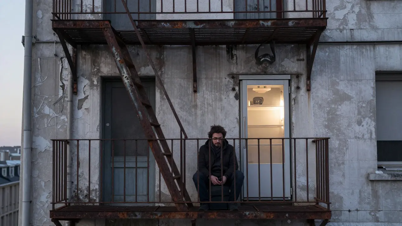 A man sits silently on a fire escape at dawn, breathing softly in stillness.