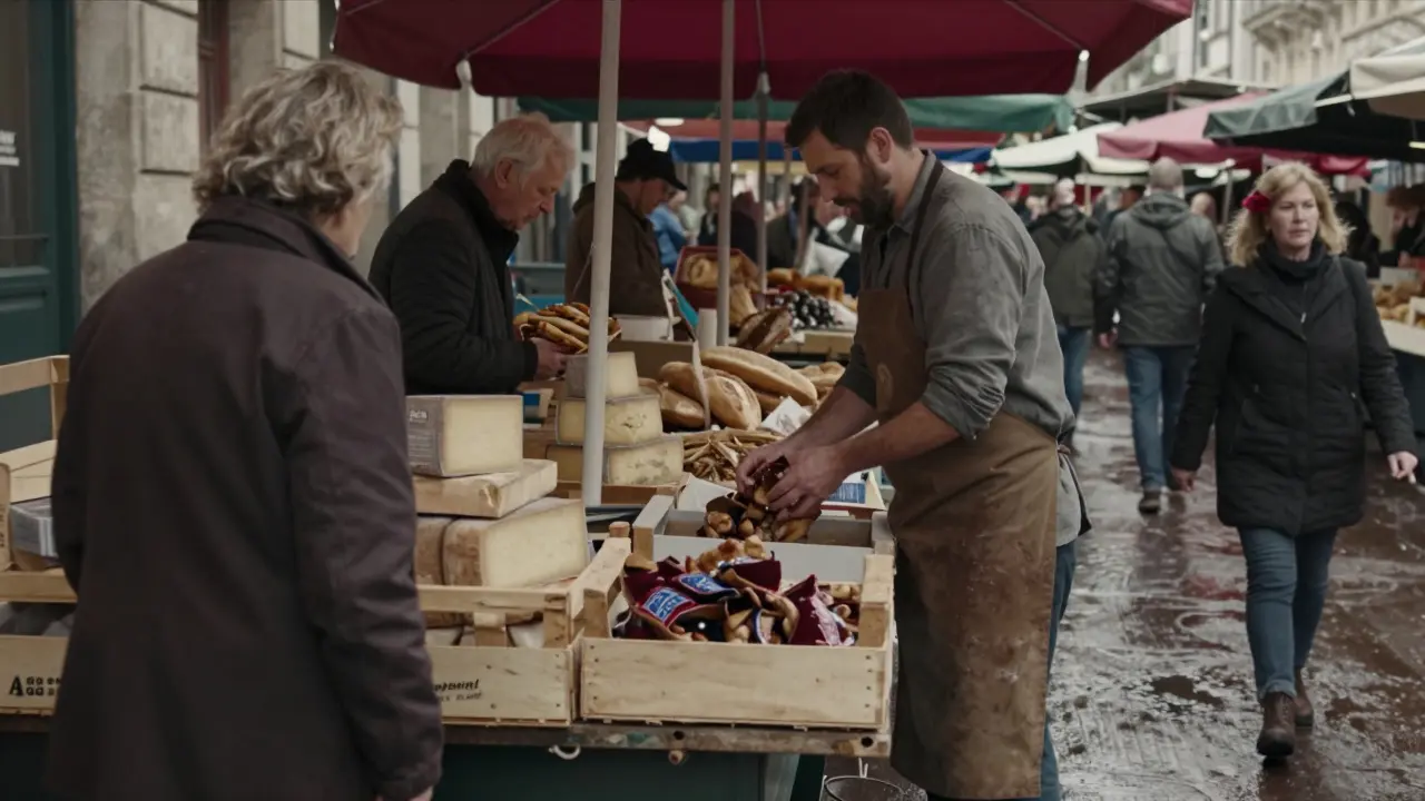 A market vendor wraps duck confit at a bustling Sunday market, a woman walks away with a rose behind her ear.