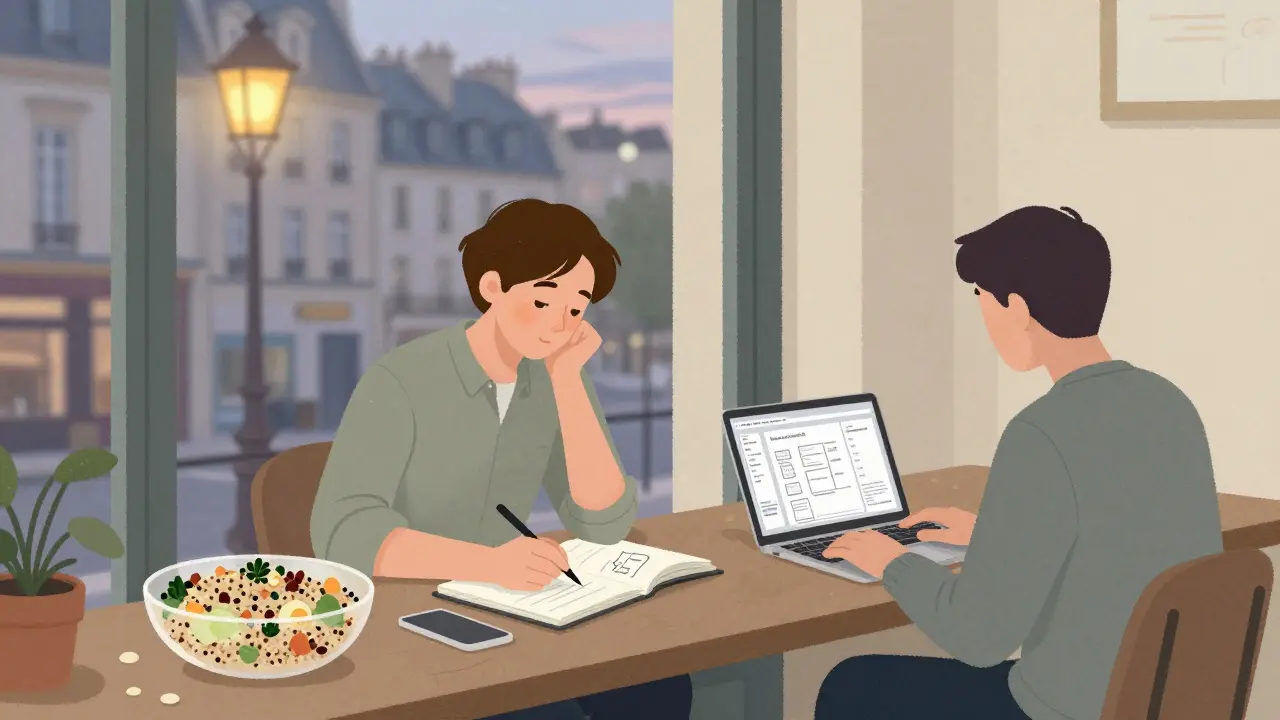 A quiet founder sketching ideas at Le Pain Quotidien in Le Marais, soft evening light through the window.