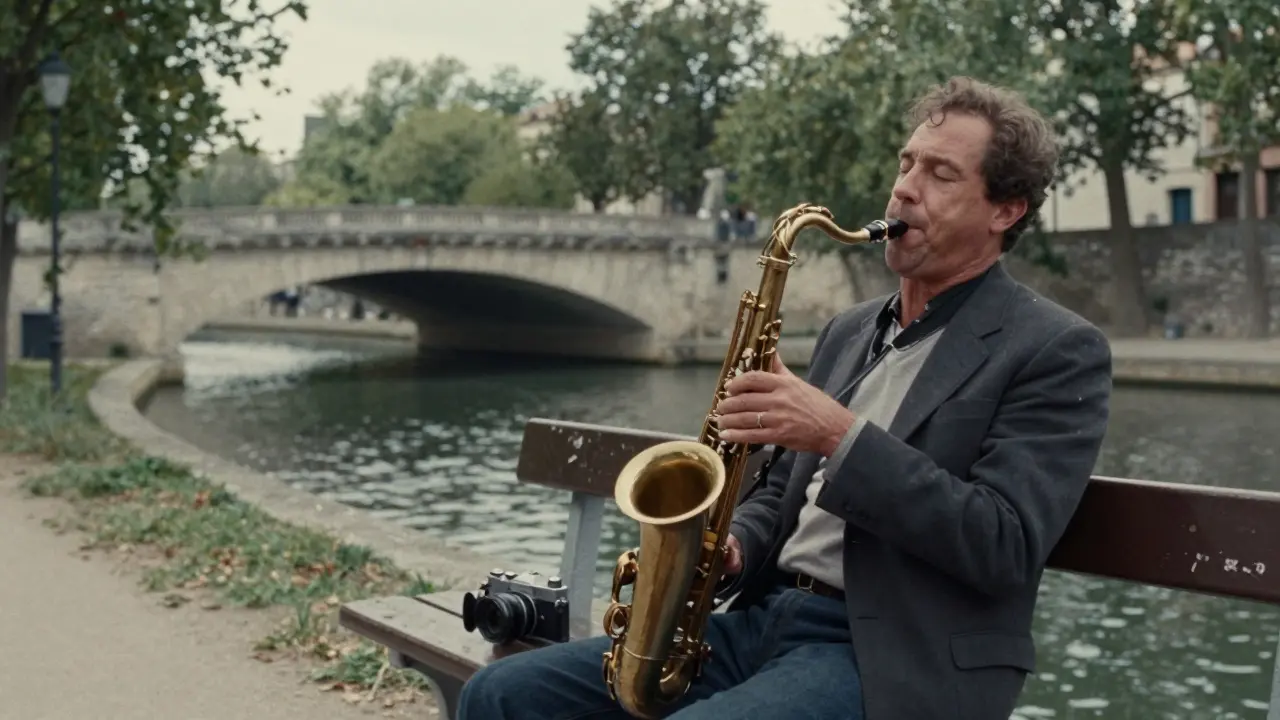 A saxophonist plays by the canal as a photographer sits quietly, camera resting on his lap.