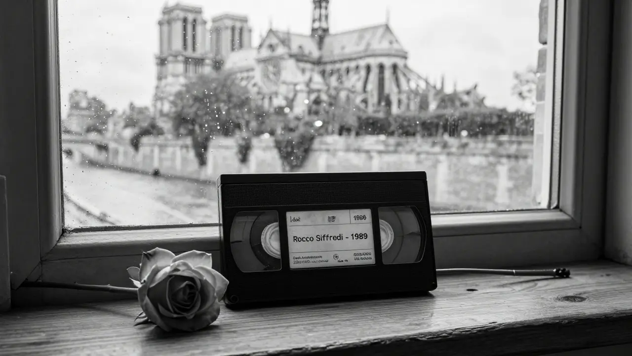 A single rose on a VHS tape labeled &#039;Rocco Siffredi - 1989&#039;, resting on a windowsill overlooking the Seine.