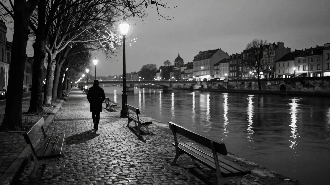 A solitary figure walks along the Seine at dusk, streetlights reflecting on quiet cobblestones.