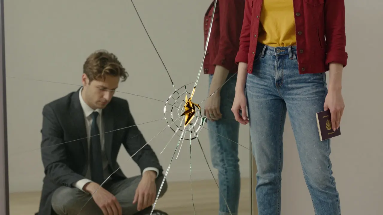 A split reflection showing a faded and a vibrant version of the same person, symbolizing self-reclamation.