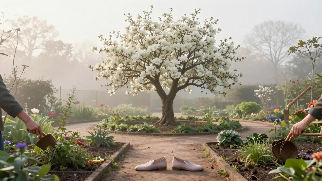 A symbolic garden with a blooming tree and removed weeds, two shoes side by side at its base at dawn.
