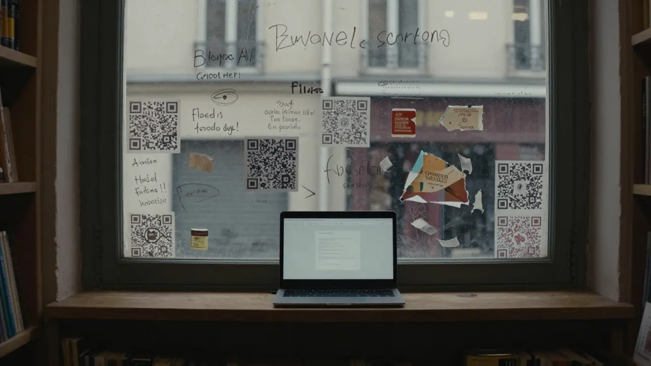 A wall covered in handwritten film titles and QR codes in a hidden Paris bookstore.