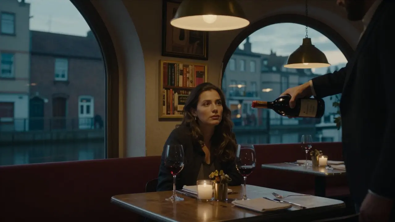 A woman contemplating wine in a dim, book-lined restaurant beneath a Parisian canal arch.