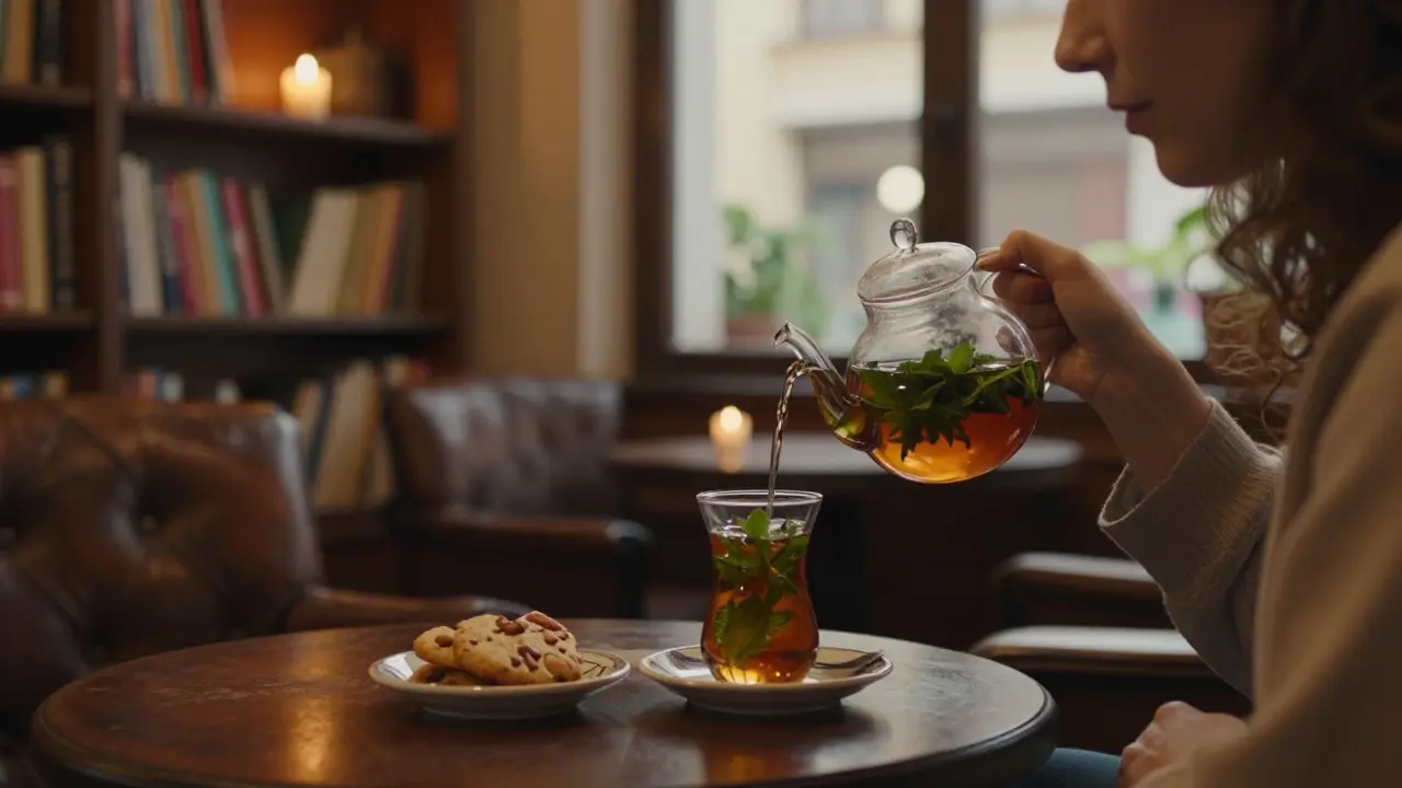 A woman drinking mint tea in a book-filled tea room, candlelight glowing beside a glass teapot and fig cookie.