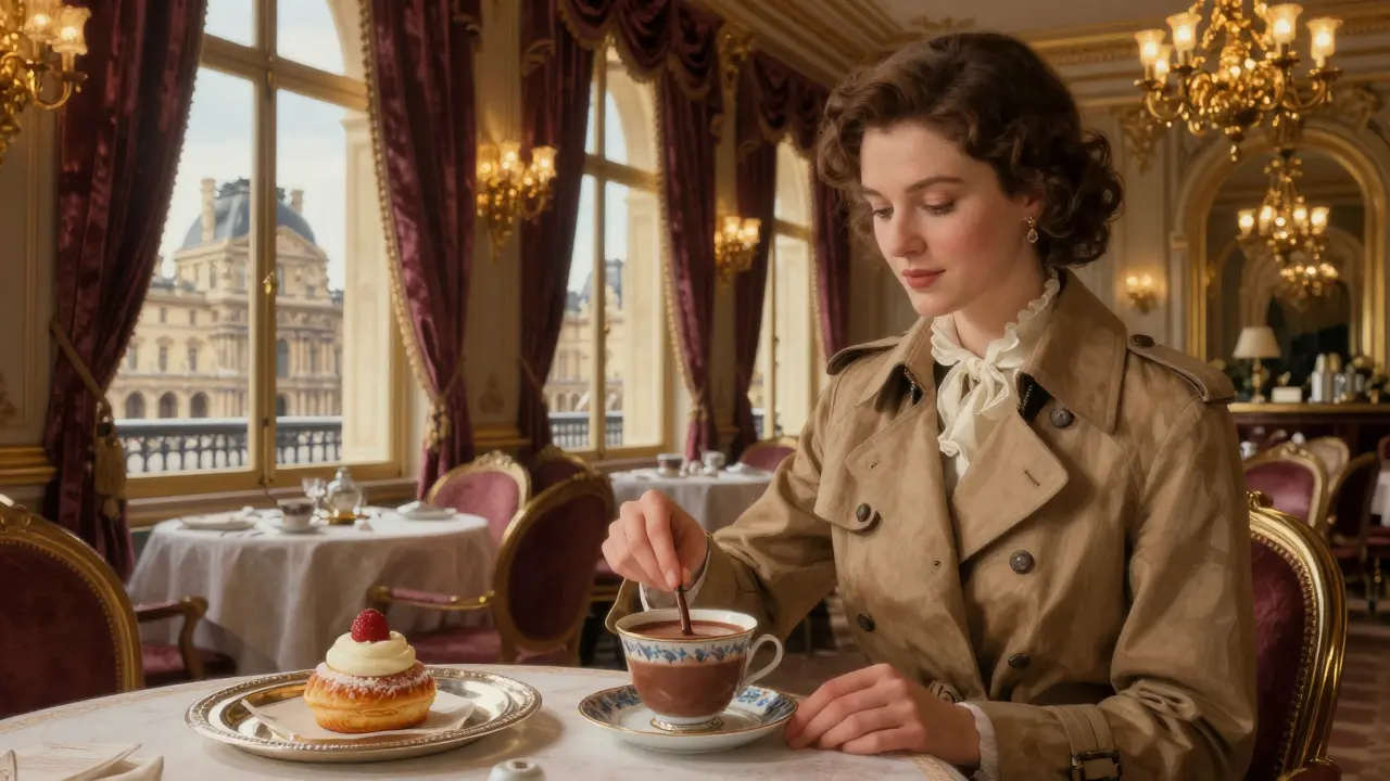 A woman sipping rich hot chocolate at Angelina tea room, with chandeliers and Louvre views in vintage elegance.