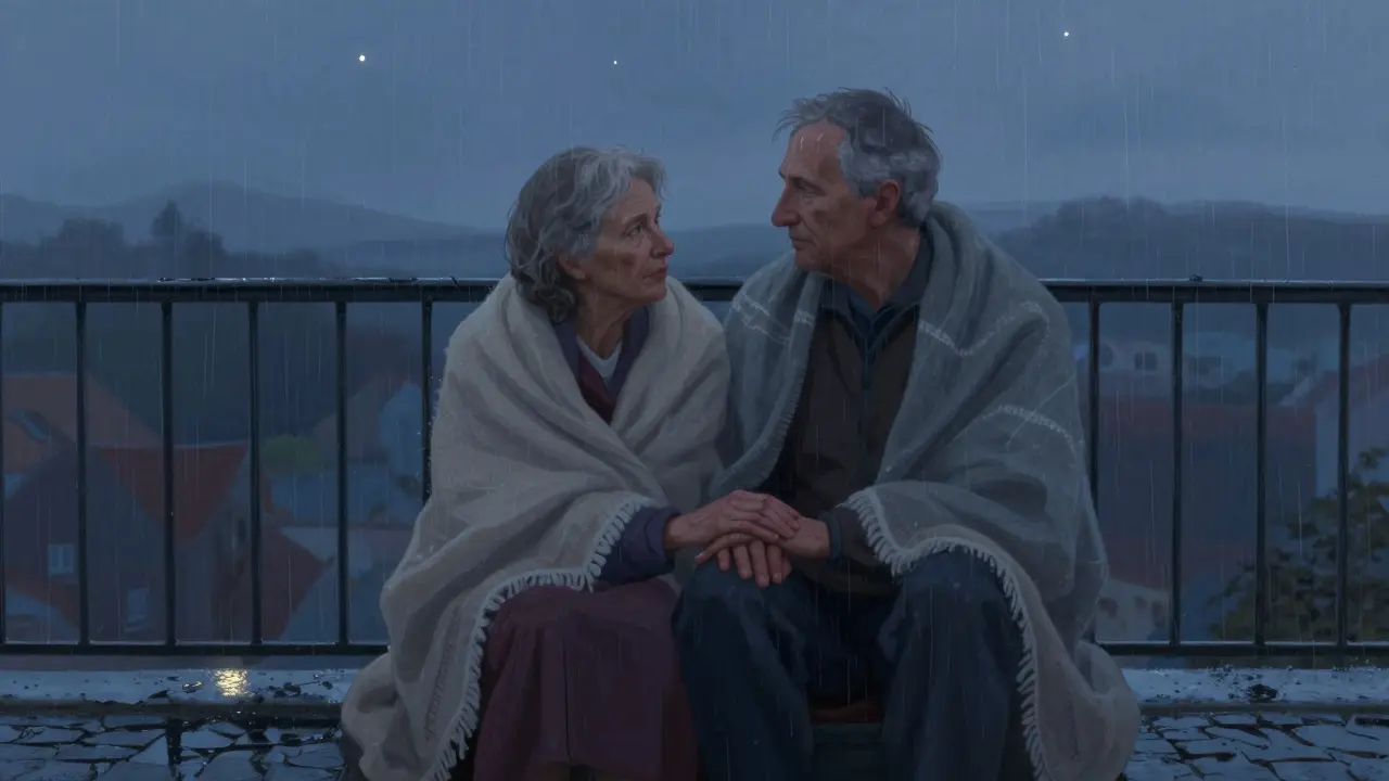 An elderly couple holds hands on a rainy Parisian balcony at dusk, wrapped in a blanket under the first stars.