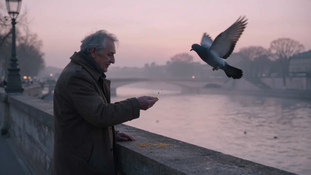 An elderly man feeding pigeons at dawn on a bridge, mist rising from the river, no one else around.