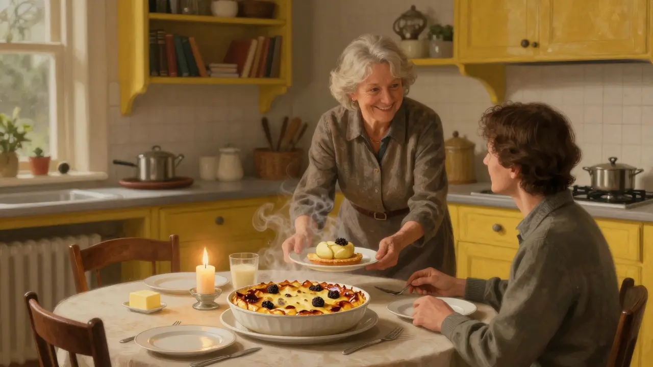 An elderly woman serving dessert in a warm, yellow-walled vegetarian restaurant in Paris.