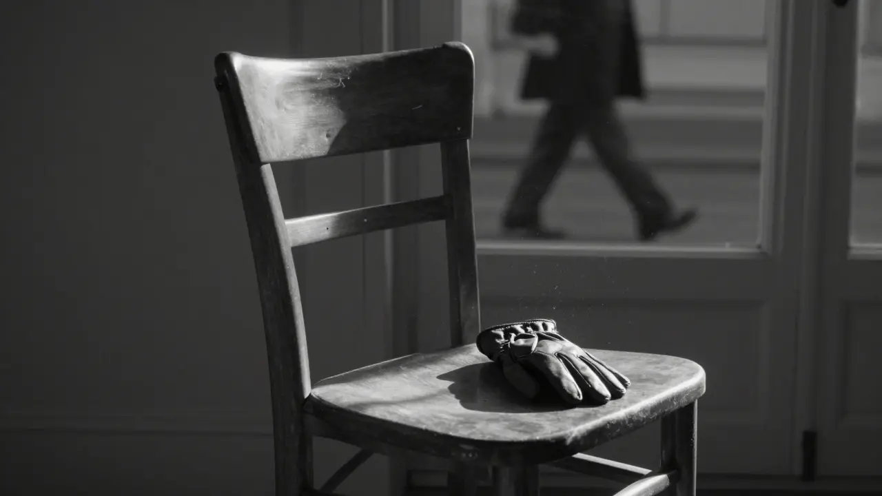 An empty chair in the Marais with a glove on the armrest, sunlight casting long shadows.