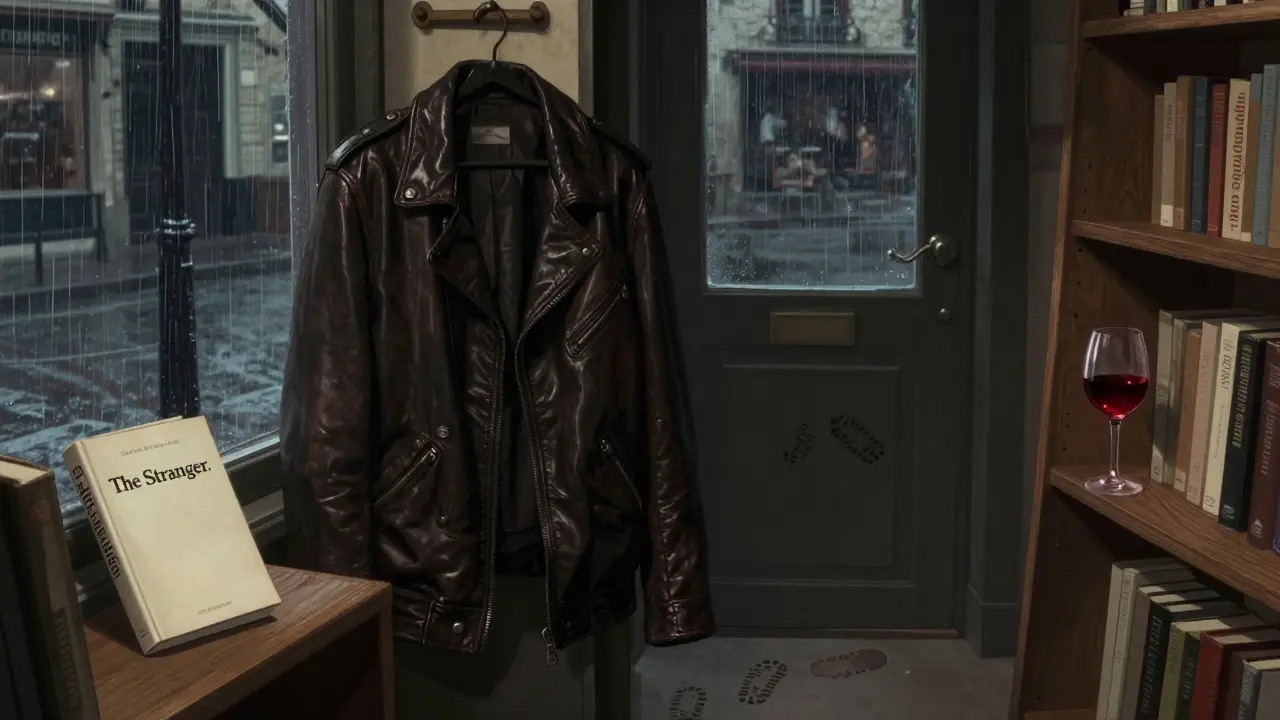 An empty leather jacket and wine glass in a Montparnasse bookstore, hinting at a vanished presence.