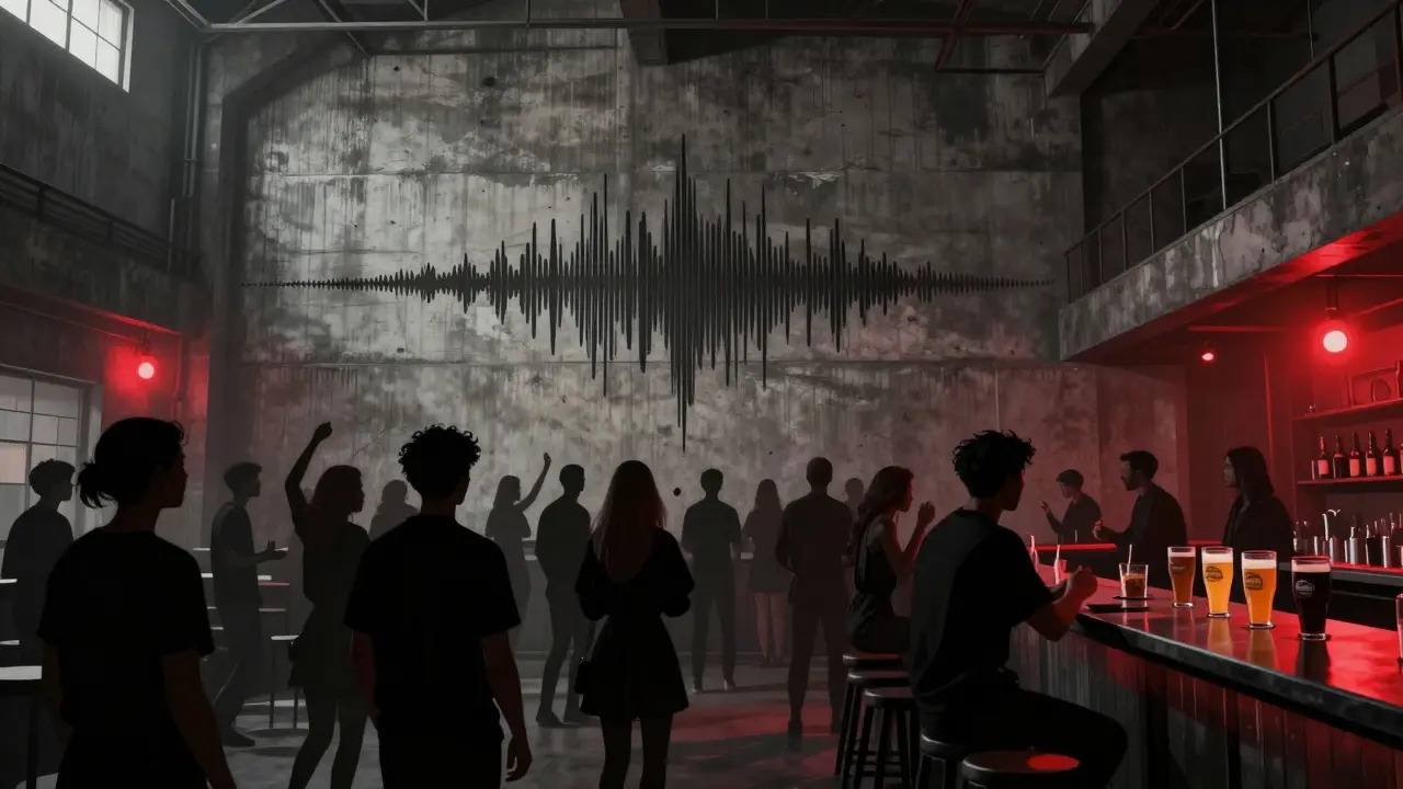 An industrial warehouse with concrete walls and a silent, swaying crowd bathed in red emergency lights.