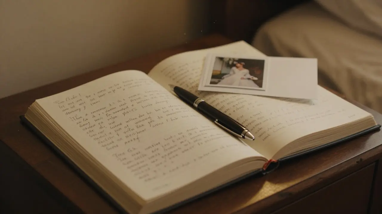 An open journal with handwritten confessions lies beside a wedding photo.